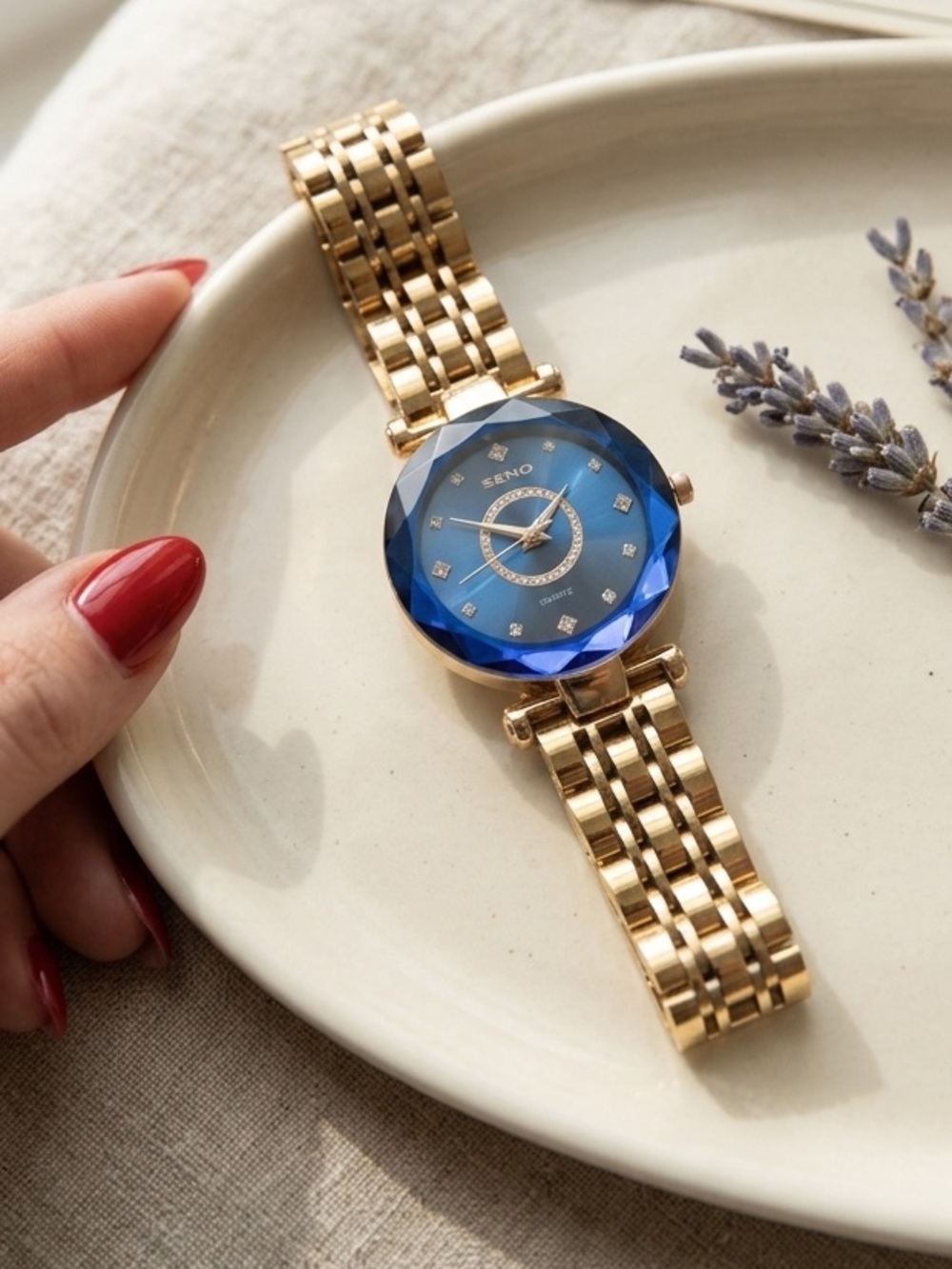 SENO Gold Tone Watch with Deep Blue Faceted Crystal Dial